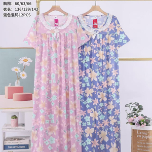 Pijama <span class=keywords><strong>térmico</strong></span> de verano para <span class=keywords><strong>mujer</strong></span>, cuello de manga corta, estampado Floral pequeño, camisón de seda de leche de talla grande, vestido holgado para el hogar - Product Image 1