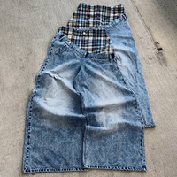 Pantalon en jean décontracté ample pour homme avec logo personnalisé, taille plus, motif quadrillé d'été, patchwork, double taille, jean délavé à l'acide