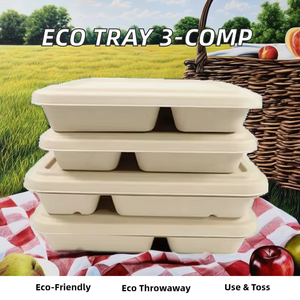 Phân Hủy Sinh Học Dùng Một Lần 3 Ngăn Tre Bột Giấy Bộ Đồ Ăn Khay Với Thân Thiện Với Đường Mía Bã Mía Nắp Hộp Ăn Trưa - Product Image 3