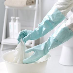 ถุงมือล้างจานบุขนแกะหนาขึ้นกันน้ำสีทึบสำหรับใช้ในครัวบ้าน - Product Image 4