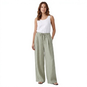 Custom Order Eco-Friendly Linen Wide Leg Women's <b>Summer</b> <b>Trousers</b> Comfortable Breathable Mid Waist Elastic Classic Design - Product Image 3