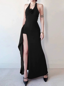 Elegante Vestido Maxi Rojo con Cuello Halter, Adornos Florales <span class=keywords><strong>y</strong></span> Abertura Alta, Moda de Verano para Mujer, <span class=keywords><strong>Vestidos</strong></span> de Verano 2026 - Product Image 2