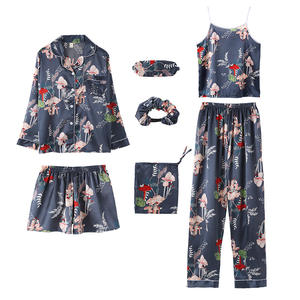 <span class=keywords><strong>Ensemble</strong></span> de pyjama sept pièces en soie simulée à rayures roses pour femmes pour été printemps doux mignon Costume de maison à manches longues par Fury Set - Product Image 2