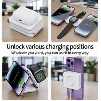 Chargeur sans fil magnétique pliable 3-en-1 15W avec PD & QC3.0 Type-C 5V/3A pour téléphones mobiles, montres intelligentes, écouteurs