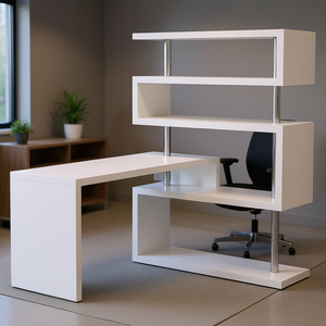 Escritorio de Oficina en Forma de L con Estantes de Exhibición, MDF Blanco, Diseño Giratorio de 360 Grados, Muebles Comerciales Modernos y Contemporáneos - Product Image 2