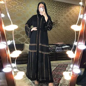 Ethnic Clothing Rhinestones Open Abaya Dress Kimono Mesh Black Long Sleeve Muslim Robe Cardigan Dubai Turkey Clothing