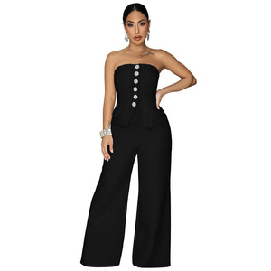 <span class=keywords><strong>Combinaison</strong></span> <span class=keywords><strong>pantalon</strong></span> longue pour <span class=keywords><strong>femme</strong></span>, sans bretelles, ornée de strass et de boutons, coupe large, sans manches, taille haute, style moulant et formel - Product Image 3