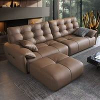 Ensemble de canapé modulaire en L en cuir pleine fleur pour salon, couleur Dune Mocha Biscuit, avec accoudoirs capitonnés et ottoman