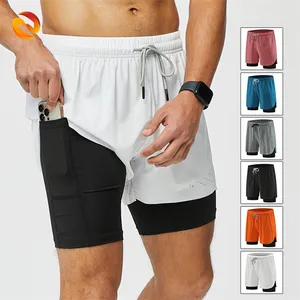 Mens 2 in 1 Gym Workout Shorts Quick Dry Bodybuilding Weightlifting Basketball Shorts Training Running Pants with Side Pockets