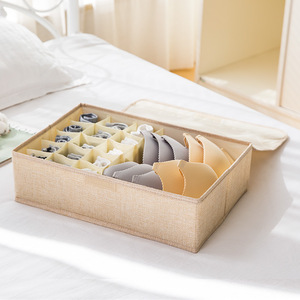 Foldable Cotton Linen Underwear <b>Storage</b> <b>Box</b> With Lid And Compartments Rectangle <b>Drawer</b> Style Clothing Organizer - Product Image 5