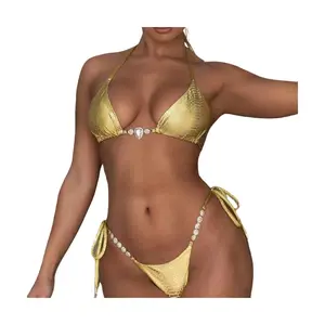 2024 New Style Yellow Color Beach 2 Piece Bikini Set with Diamond Chain Sexy Luxury Jewelry Swimwear