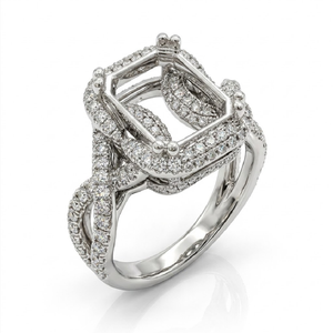 Monture de bague semi-montée en or massif 18 carats avec halo taille émeraude, bande pavée torsadée croisée unique, pour fiançailles, MOQ 1 pièce - Product Image 1