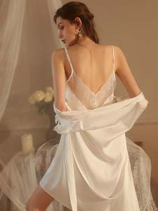 Sfy8279 - Conjunto de 5 piezas de lencería sexy de satén de nailon/spandex para mujer, pijama, camisón con tirantes, vestido con cuello en V y borde de encaje, bata de baño, ropa de dormir - Product Image 2