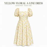 Robe trapèze jaune florale personnalisée à col carré et manches bouffantes longueur genou pour femme, vente en gros, fabricant OEM ODM