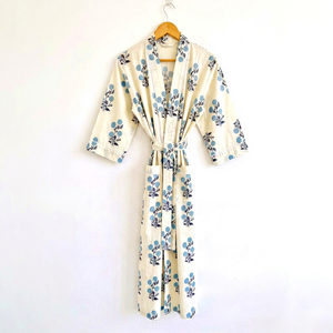 Bata de algodón con estampado floral para mujer, de longitud completa, manga tres cuartos, suave, informal, con cuello barco y cierre con cordón - Product Image 1