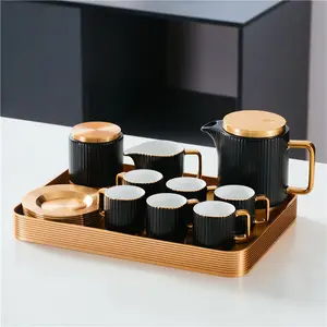 Unique black gold rim porcelain sugar milk pot coffee jug tea cup and saucer sets arabian luxury ceramic tea set with gift box