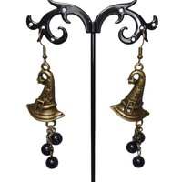 Boucles d'oreilles pendantes style gothique victorien en bronze, chapeau de sorcière, perles de cristal, nuit étoilée, bijoux gothiques pour femme