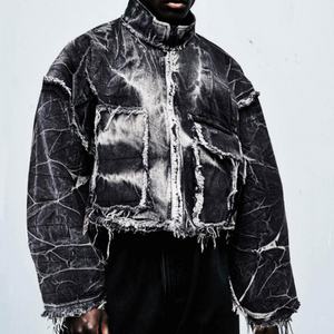 Veste en jean denim surdimensionnée à manches évasées à franges, à poche cargo, en denim délavé à l'acide, vintage, personnalisée, poids lourd - Product Image 2