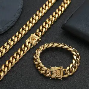 Filled Chain Plated Necklace Set Gold Jewelry Cuban Stainless Steel Mens For Men Wholesale 14k 18k Gold Fashion Design NL 2023