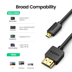 <span class=keywords><strong>Adaptateur</strong></span> de câble Micro <span class=keywords><strong>HDMI</strong></span> vers <span class=keywords><strong>HDMI</strong></span> UGREEN 4K 60Hz Ethernet Audio Effet 3D Micro HD vers HD Câble Mâle vers Mâle pour GoPro Sony - Product Image 3