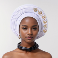 Ecowalson - Exquisito Pañuelo para la Cabeza con Cuentas y Encaje en Capas, con Lazos Traseros Ajustables, para Bodas y Fiestas Nigerianas, Diseño Elegante y Glamuroso