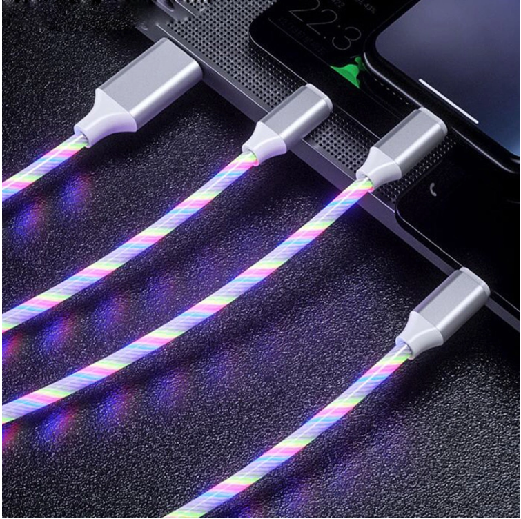 Fast Charging Cable 3 IN 1 Type C 3A LED Colorful Charging USB Cable Lightning Flashing Cable