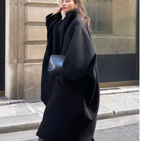 Manteau long élégant pour femme en polyester tissé, manches chauve-souris, coupe ample, couleur unie, col montant, nouvelle collection automne-hiver 2026