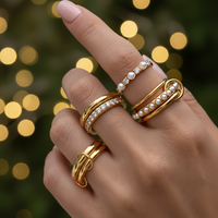 MW Tendance Bague Femme Superposable Plaqué Or 18K avec Perles Bijoux Irrégulière Double Vague en Acier Inoxydable