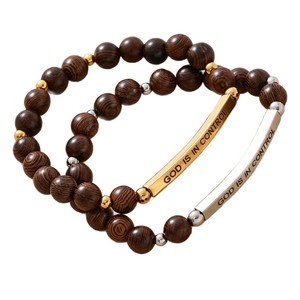 Braccialetto con Perline in Legno Naturale di Wenge, Incisione 'DIO È IN CONTROLLO' su Barra Curva in Acciaio Inossidabile, Gioiello Religioso Unisex per Uso Quotidiano, Regalo - Product Image 5