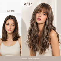 Perruque synthétique longue ondulée effet mouillé avec frange, mèches caramel châtain cendré, résistante à la chaleur, effet naturel, pour femme, directement de l'usine
