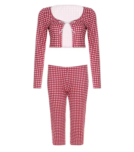 Viviblook Z1229ST01 Tenues estivales à carreaux Nouveau ensemble 2 pièces avec short à lacets et boutons, haut court à manches longues et pantalon court - Product Image 3