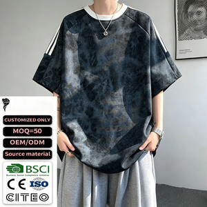 <b>Top</b> Selling New Arrival Men Tie Dye <b>Raglan</b> Sleeve 3 Stripes Oversized T Shirt Loose Fit Short Sleeve Casual Streetwear Tees - Product Image 1