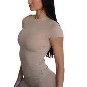 T-shirt pour femmes, haut à manches courtes, col rond, respirant, imprimé 3D, nylon, jeunes filles, fil, yoga, hauts de sport, t-shirts - Product Image 5