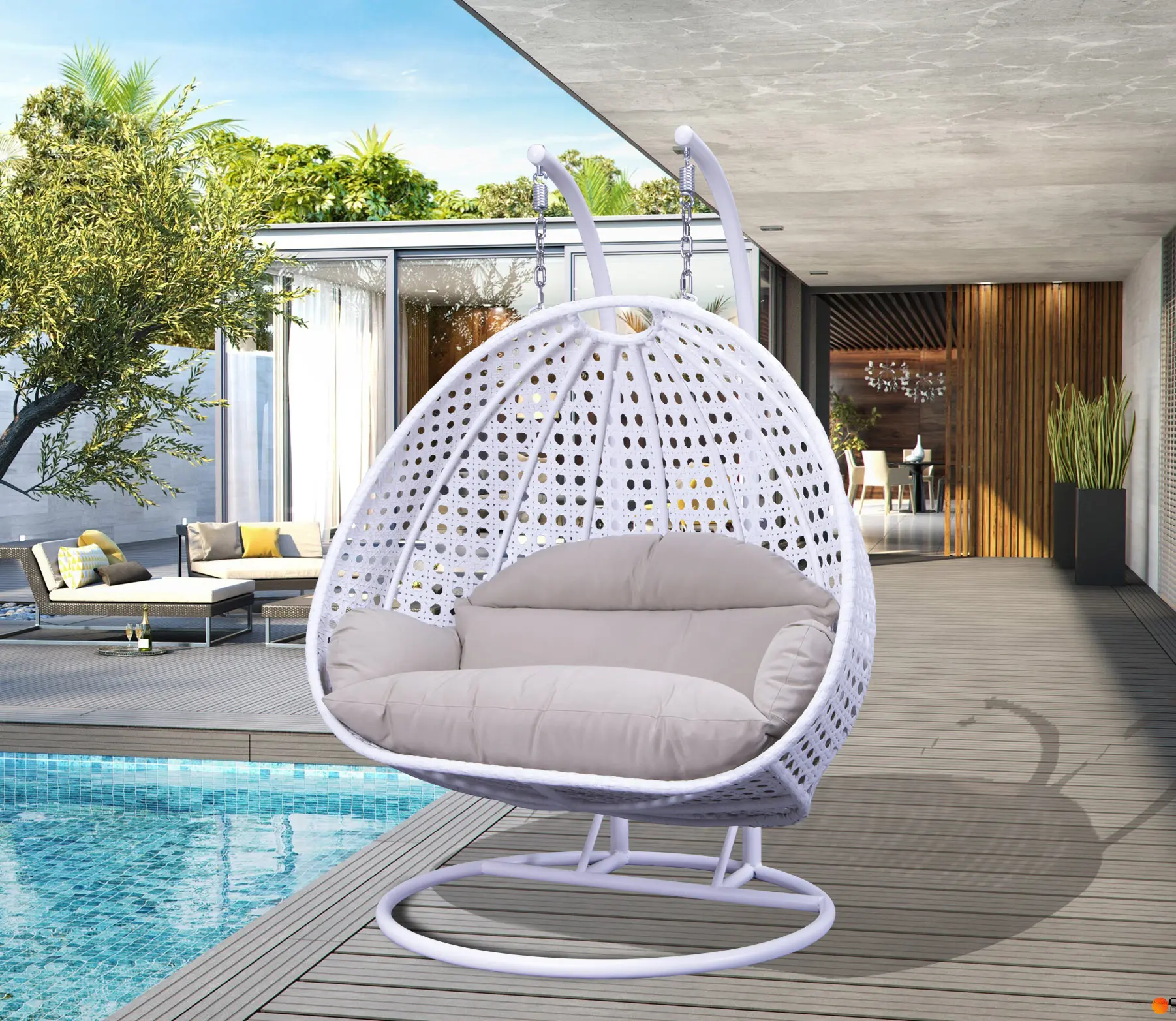 Patio Swing Double Egg Rattan Swing Chair Hanging Chair with Metal Stand