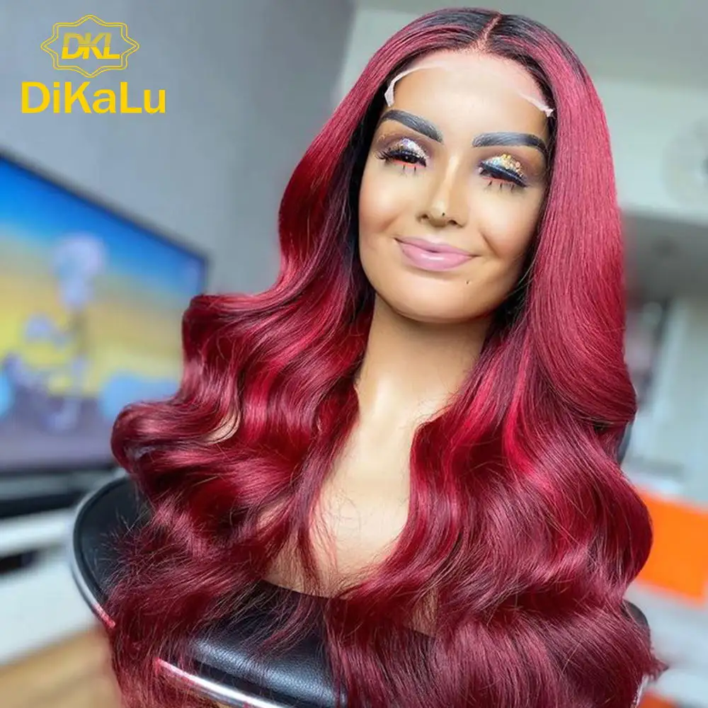 13*6 Dark Red and Wine Red Color Lace Front Human Hair Wig Brazilian Body Wave Hair Ombre Lace Wig for Women