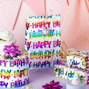 Happy Birthday Wrapping Paper Roll 17 Inch X 16.5 Feet Colorful Foil Rainbow Pattern Single Side Gift <b>Wrap</b> - Product Image 5