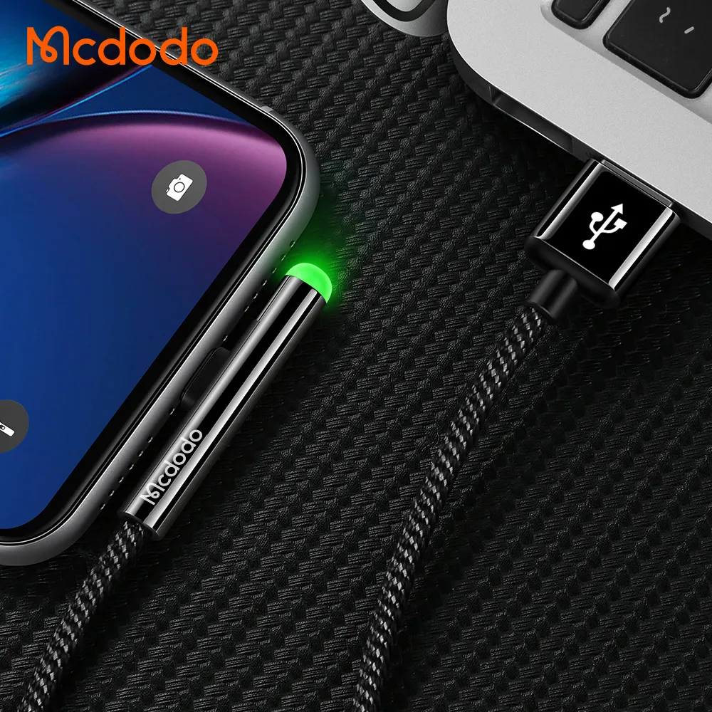 Mcdodo Lighting Phone Charging USB Cable For iPhone Soft LED Light 2A 90 Degree Elbow 13.9/5.9Ft Braided USB Cable Lighting