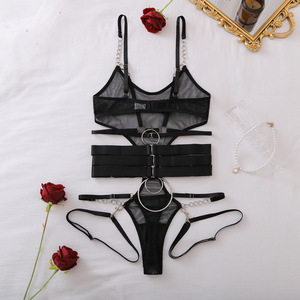 Body de malla transparente sexy para mujer con cinturón de bondage, lencería moldeadora, mono de una pieza, negro, tallas S, M, L - Product Image 2