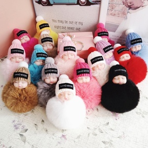 Porte-clés poupée bébé endormi en peluche avec pompon en fourrure de lapin, breloque de sac à main, cadeaux de Noël - Product Image 6