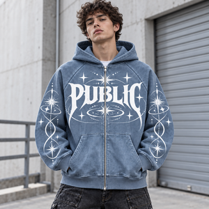 Private Label Custom Zip-Up Oversized Fit Men's Hoodie Fashion Digital Print Acid <b>Washed</b> Heavyweight Boxy Fit Hooded Sweatshirt - Product Image 3