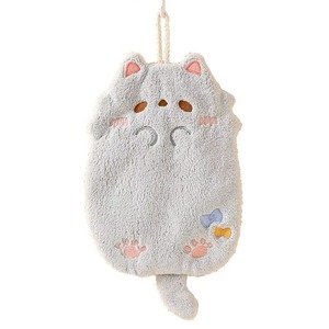 Serviette de toilette absorbante en microfibre polaire corail motif chat mignon avec boucle de suspension pour salle de bain - Product Image 2