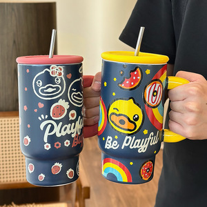 Gobelet en céramique Zuo Mu Playful Buffalo avec couvercle et paille, grande capacité, isotherme pour boissons chaudes et froides, cadeau de fête - Product Image 5