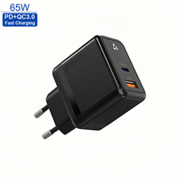 Cargador GaN de 65W con Certificación CE, Enchufe Europeo Tipo-C+USB, Doble Puerto, Carga Rápida, Adaptador Portátil Ignífugo para Laptop, Cámara y Teléfono