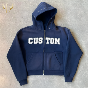 커스텀 후디 500GSM 프렌치 테리 오버사이즈 박시 핏 셔닐 자수 선 페이드드 애시드 워시드 크롭 라인스톤 후드 후디 - Product Image 2