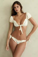 Ensemble bikini micro-bra à manches bouffantes brodé floral, 2 pièces, réversible, respirant, avec fronces et texture côtelée pour femme