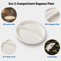 Assiette ronde à 2 compartiments en bagasse de canne à sucre compostable et biodégradable de 8,86 pouces pour la restauration rapide à emporter