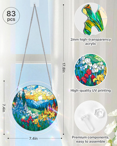 Rompecabezas de acrílico DIY de vitral floral con paisaje de floración al amanecer y mar, atrapasueños para ventana, adorno colgante. - Product Image 4