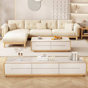 Sofá Nórdico de Madera Maciza en Forma de L con Tapicería Crema, Chaise Longue Esquinera con Almacenamiento, Juego de Muebles para Sala de Estar - Product Image 1