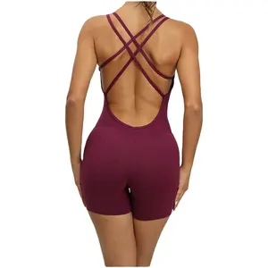 Penjualan laris wanita 2023 tanpa kelim kerah O kustom pakaian olahraga Fitness seksi punggung terbuka set Yoga Fitness wanita abu-abu Jumpsuit