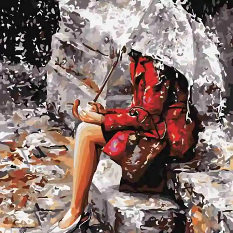 थोक कस्टम हस्तनिर्मित तेल चित्रकला कैनवास diy लड़की में बारिश परिदृश्य चित्रकला
